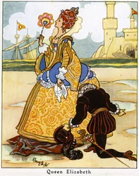 Sir Walter Raleigh legger kappen sin foran dronning Elizabeth I for at hun skal kunne gå over en vanndam, 1936